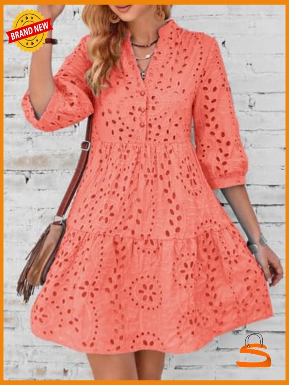 Eyelet Lace Midi Dress V Neck Puff 3/4 Sleeve Button Tiered A Line Sun Dress - Picture 4 of 6